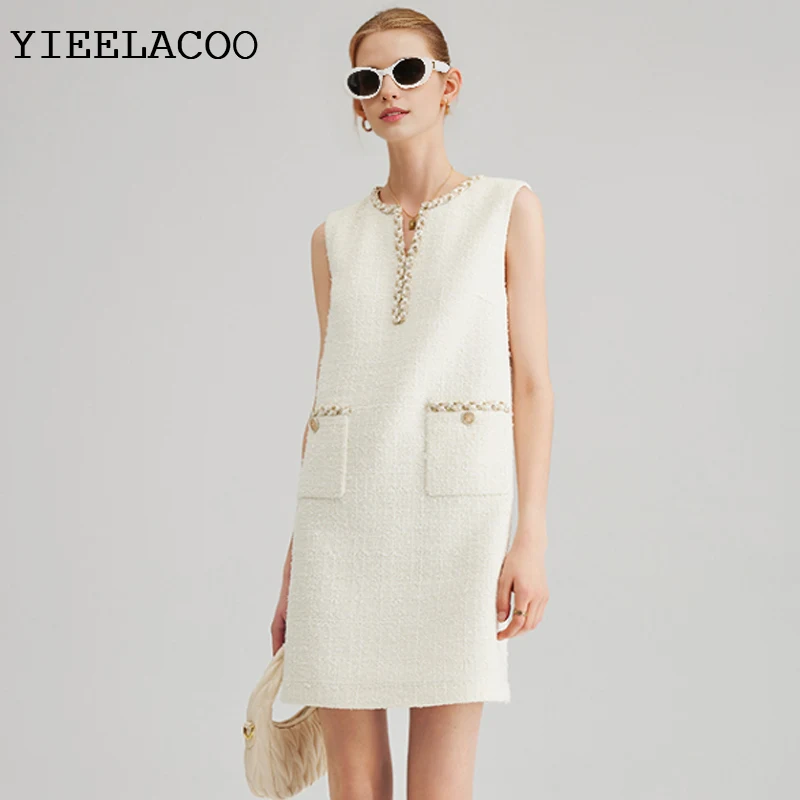 

Beige Tweed dress Spring / Autumn Women's Dress sleeveless Ladies Slim Bottoming Dress One-piece