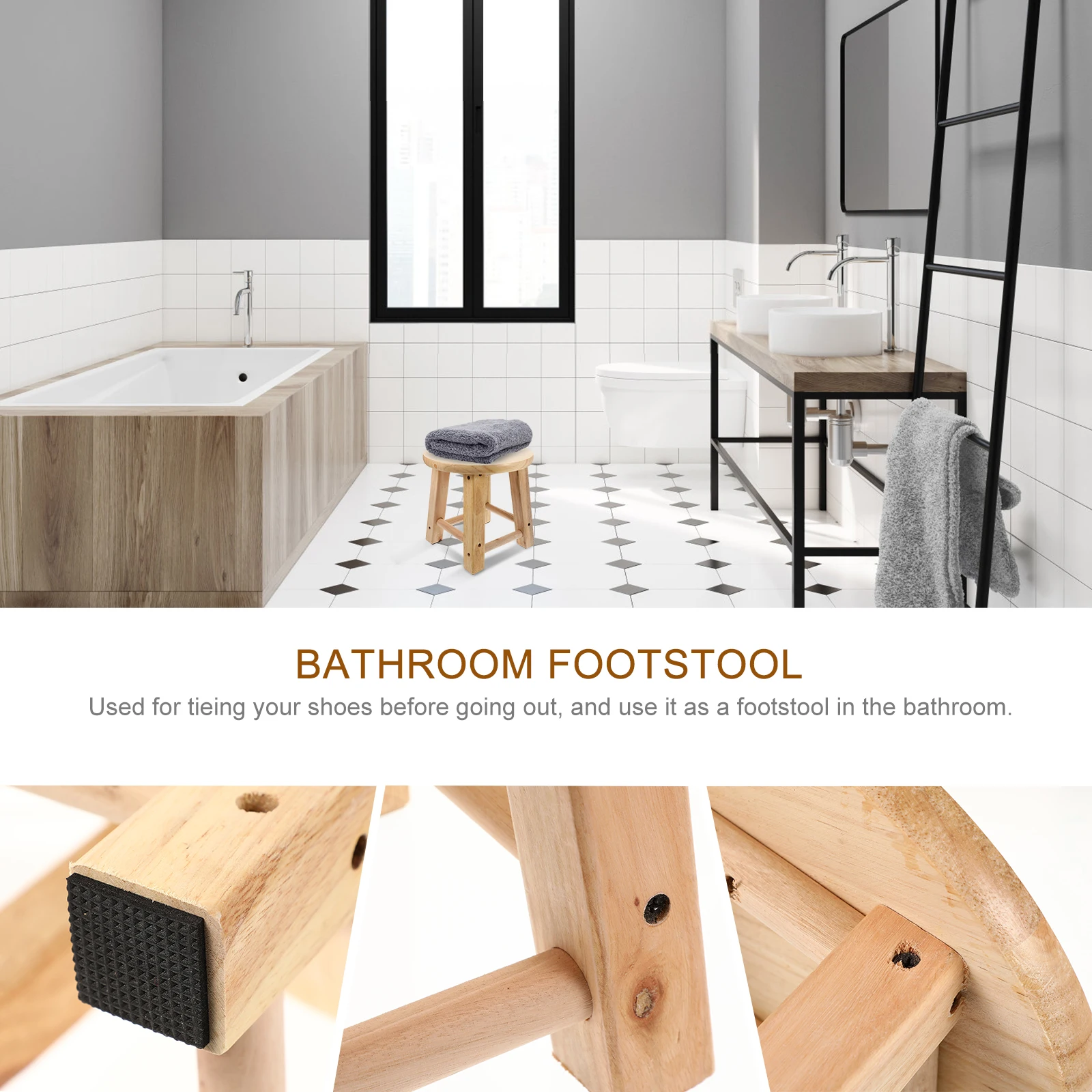 

Solid Wood Round Stool Footstool for Bathroom Anti Slip Home Use Light Weight Kids Toddler Step Stool Low Height Simple