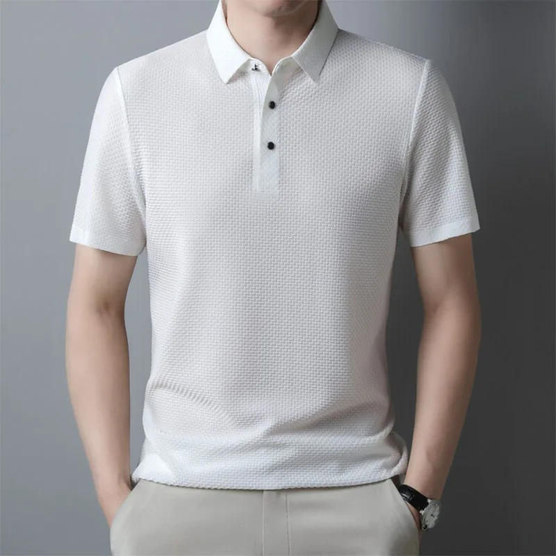 Camiseta de seda de hielo para hombre, Polo de malla transpirable, Color sólido, informal, holgado, cuello vuelto, Verano