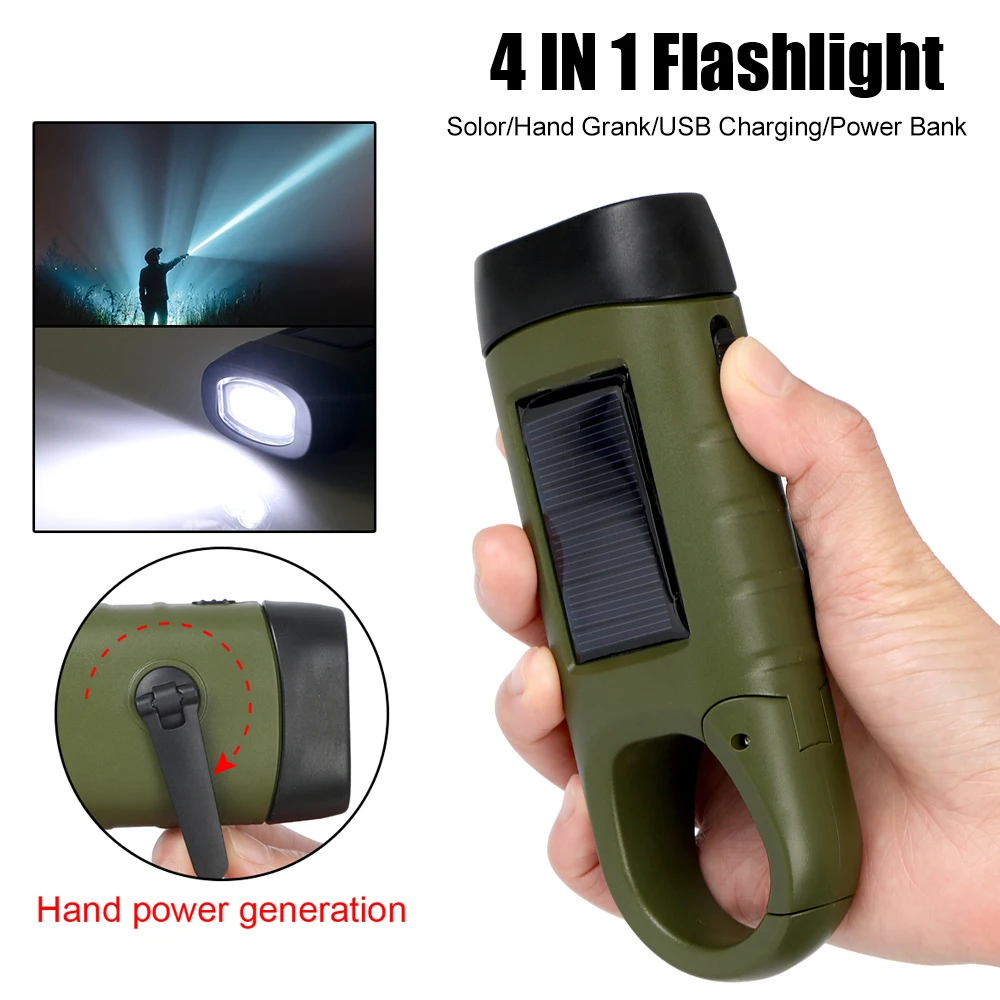 

LED Flashlight For Fishing Boating Hiking Rechargeable Emergency Hand Crank Dynamo Solar Flashlight Power Bank Survival Gear