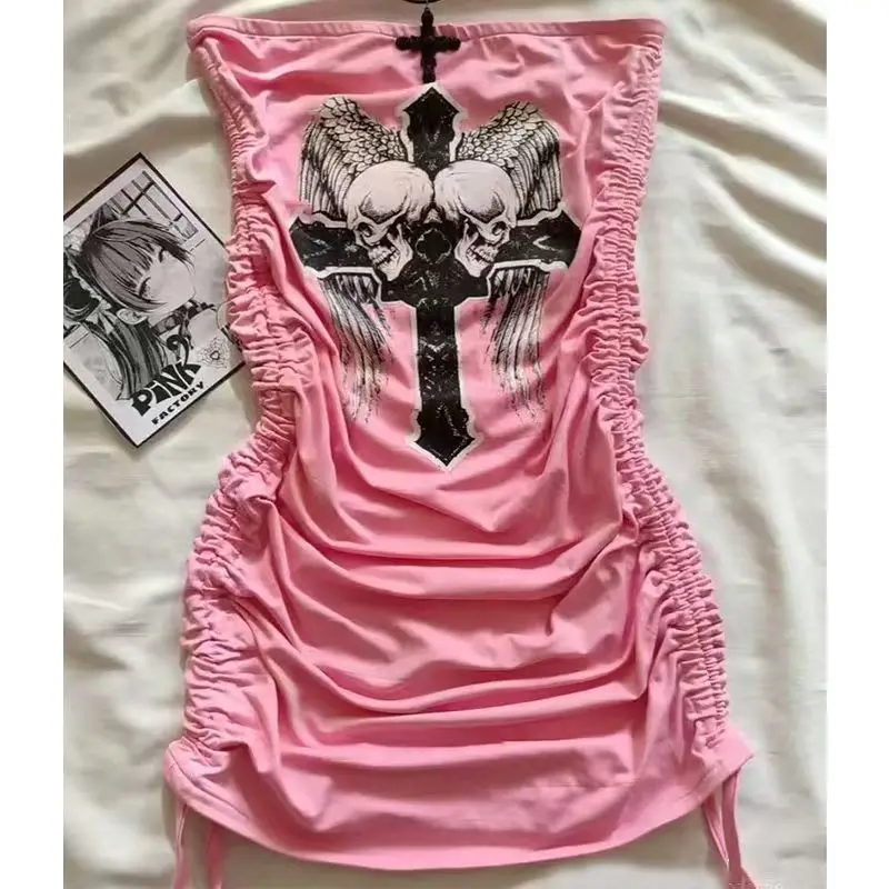 

American Fashion Retro Gothic Strapless Dress Vintage Subculture Harajuku Skull Print Bag Hip Dress Women's Sexy Slim Pink Dress