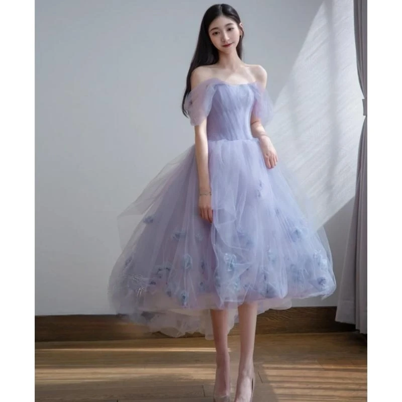 

It's Yiiya Customized Evening Dress Purple Tulle Floral Off the Shoulder Tea-Length Plus size Woman Party Formal Ball Gown XE016