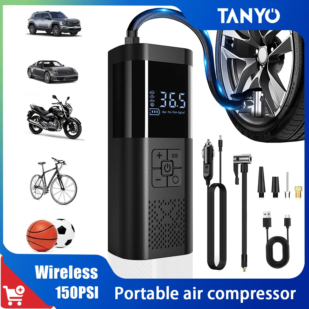 

Portable Wireless Car Pump Auto Inflator for Small Sedan Tire Motorcycle Bicycle & Basketball - Compact Carryable Air Compressor