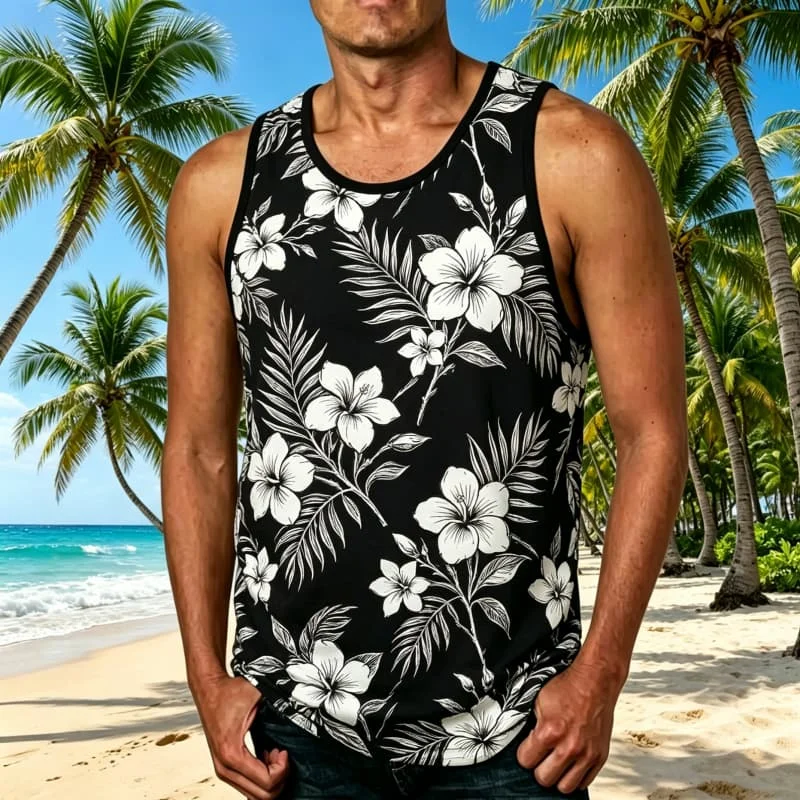 Men's Black & White Tropical Plant Printed Sleeveless Tank Tops, Fashion Casual Style for Summer, Seaside Vacations