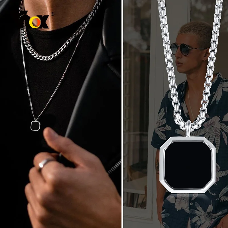 Vnox Black Square Necklace for Men, Stainless Steel Geometric Pendant, Casual Punk Boy Layer Cuban Box Figaro Chain Jewelry