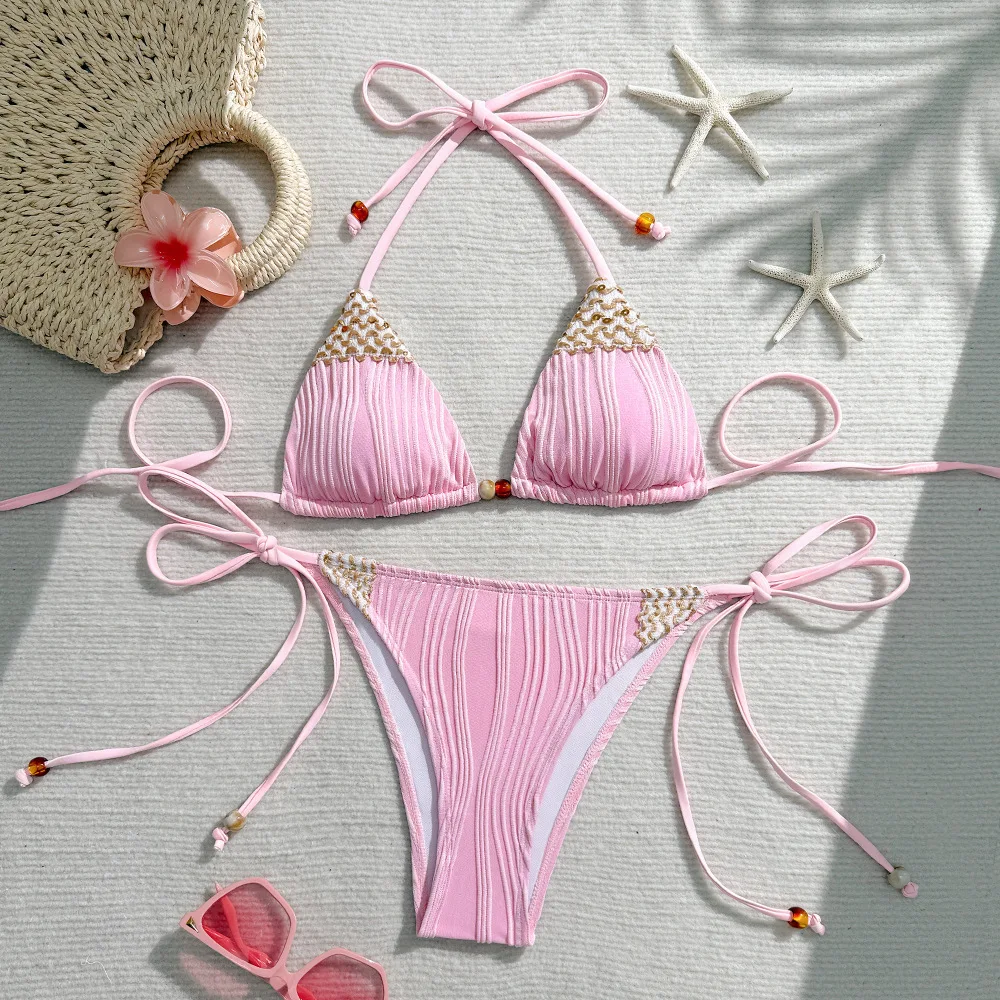 

Холтер из бисера, треугольное бикини, микро-мини-стринги, сексуальный купальник, женский однотонный розовый текстурированный купальник, 2026, комплекты бикини De Mujer