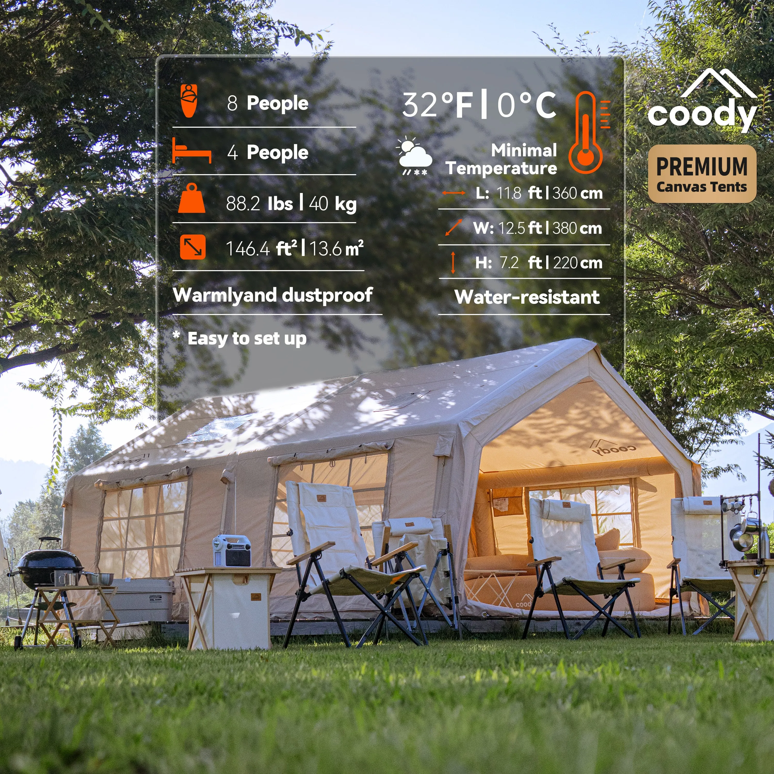 Coody 13.6 Air Tent-Beige Inflatable Camping Tent Glamping Large Portable Cotton Outdoor Camping House Tent