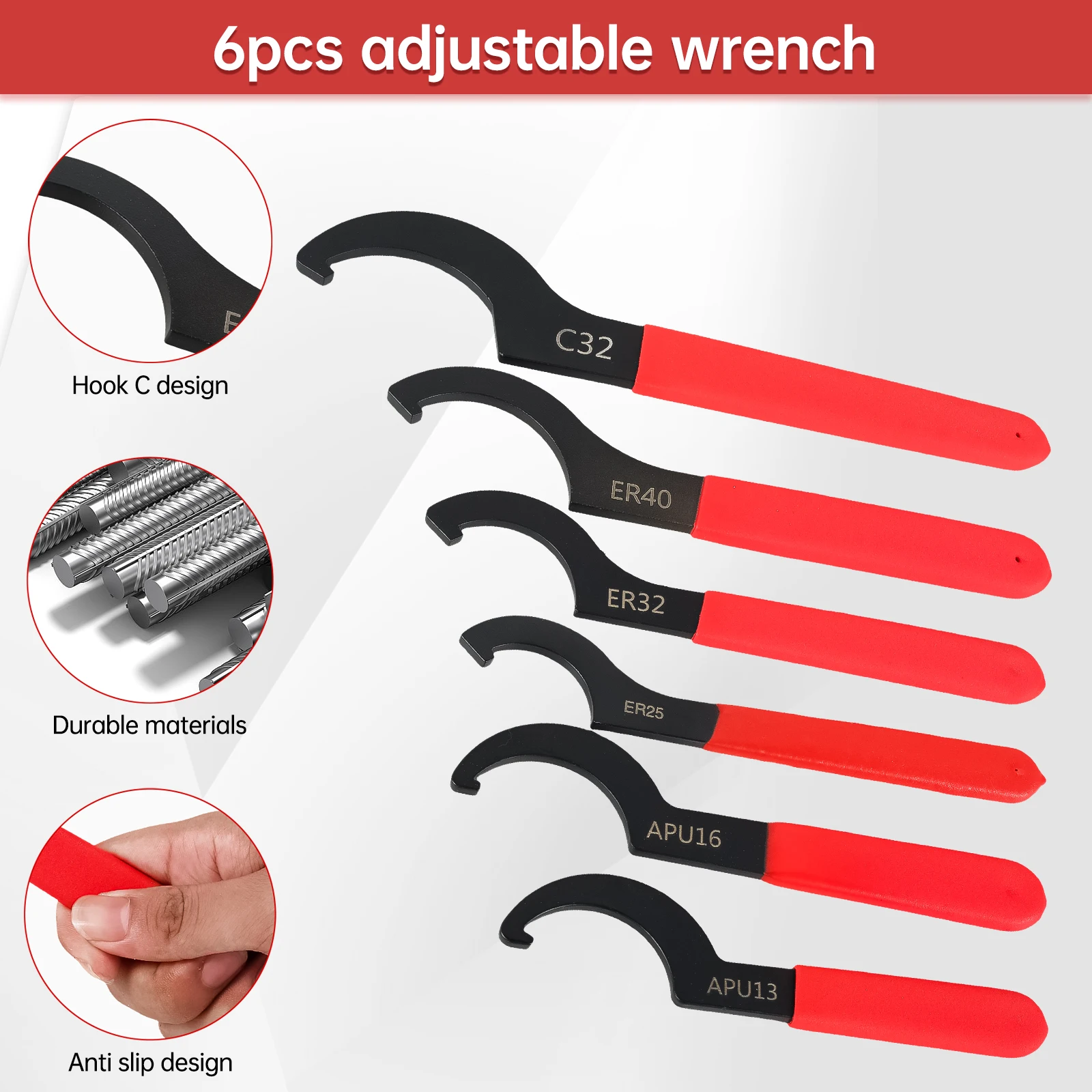 6pcs C-Shape NC Spanner Universal Half Moon Wrench Tool Anti Slip Hook Wrench for Shock Adjustment Car Repair Tools HCS Spanner