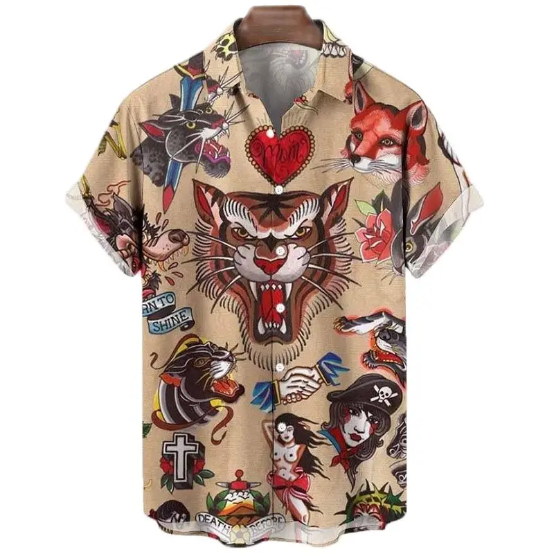 

Animal Elements Print Shirts For Men 3D Tiger Graphic T Streetwear Fashion Trend Short Sleeve Men's Single-Breasted Shirt