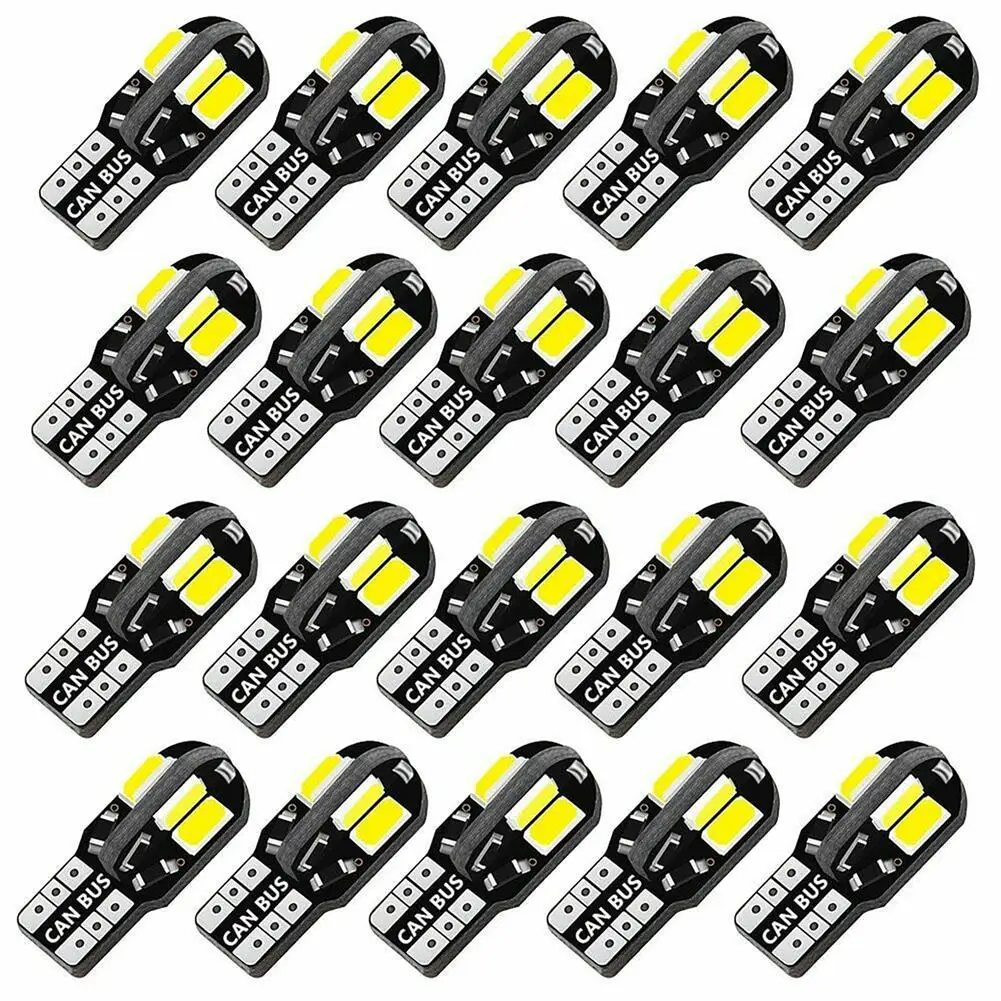 20-Pack LED Car Interior Bulbs W5W 8SMD 5730 T10 Extremely Bright Canbus Error Free 12V Side Marker Light Auto Bulbs