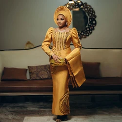 Custom Gold Asoebi Outfit African Bridal Dress Elegant Nigerian Wedding Second Reception Dresses Formal Evening Gown Plus Size