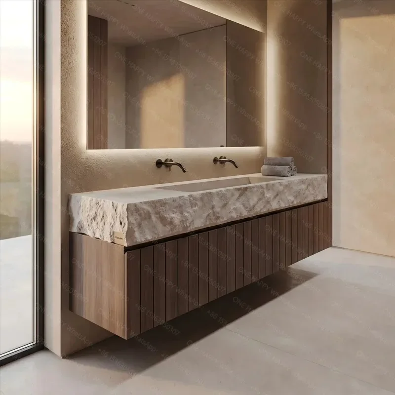 #Any Size Custom Wall Mounted Washbasin Rough Travertine CountertopConcealed Drain Textured Basin Artificial Stone Countertop Ba