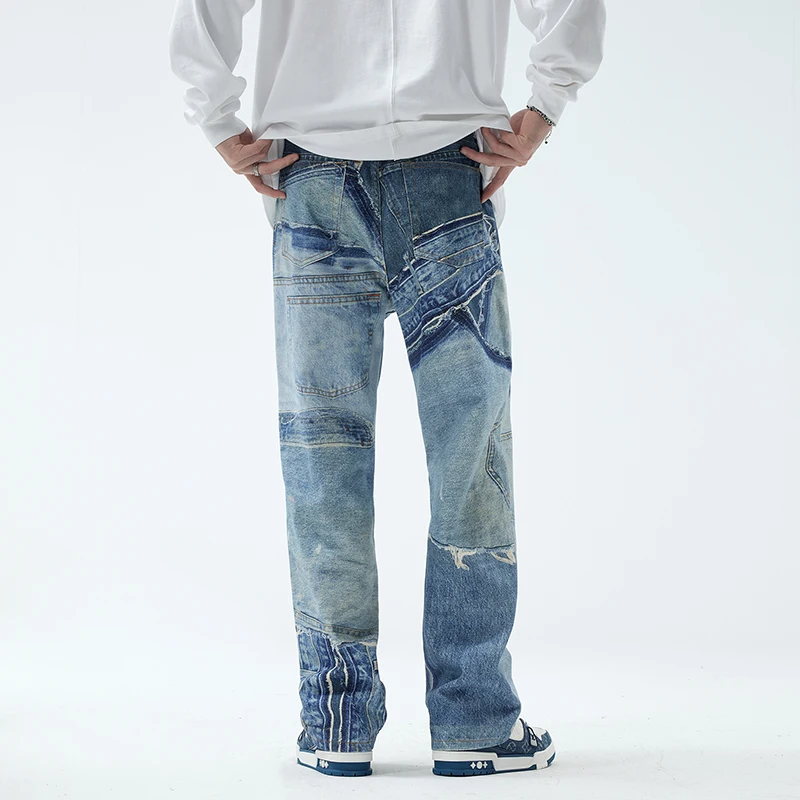 Jeans Men's Street Trend Fashion Loose Washed-out Straight Stitching Design Handsome High Street Wide Leg Leisure Pants