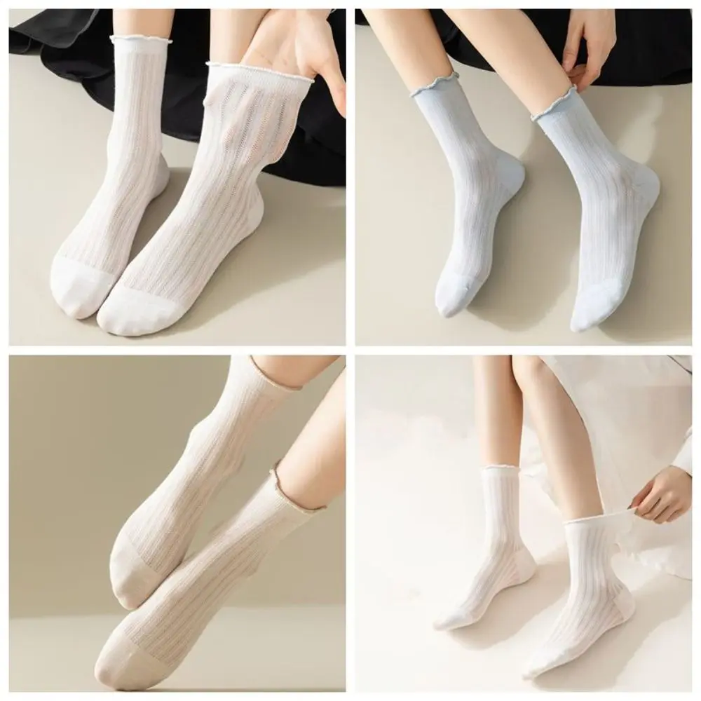 Sweet Hollow Out Ruffle Short Socks Balletcore Style Candy Color Mesh Ankle Socks Stripe Thin Summer Tube Socks Streetwear