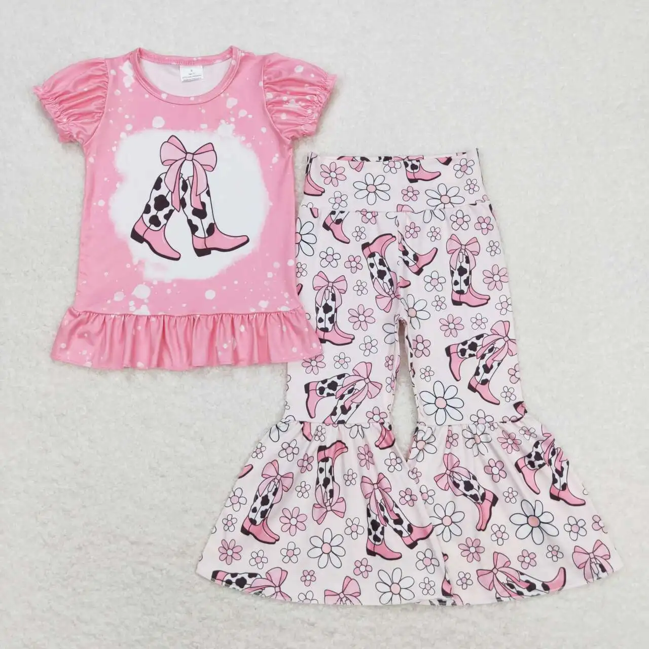 

Baby girls western boots outfits Boutique wholesale Clothing Toddlers Kids short Sleeves bell bottom Set Children pink clothe