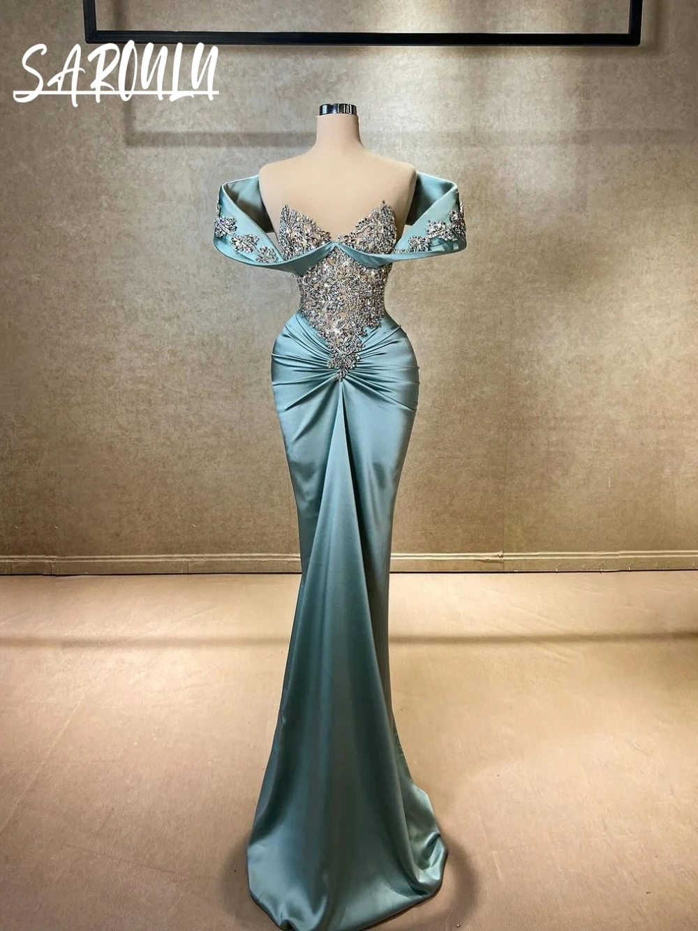

Gorgeous Beaded Mermaid Chic Front Tail Evening Dress Customized Off-the-shoulder Luxurious Party Crystals Prom Gown Customized