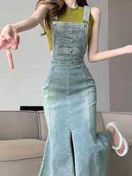 Retro strap denim skirt for women's summer thin high waisted slim long slit fishtail wrap hip skirt 2024