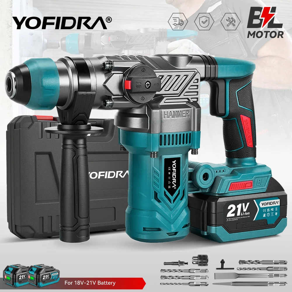 YOFIDRA 2200W Bürstenloser Elektrohammer Schlagbohrmaschine 26MM Multifunktions-Schraubendreher Rotationswerkzeug für Makita 21V Akku