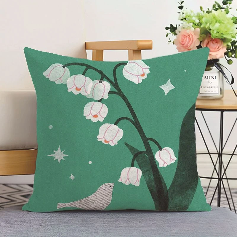 Artistic Lily of the Valley & Bird Throw Pillow Cover, Green Cushion Case for Home Decor