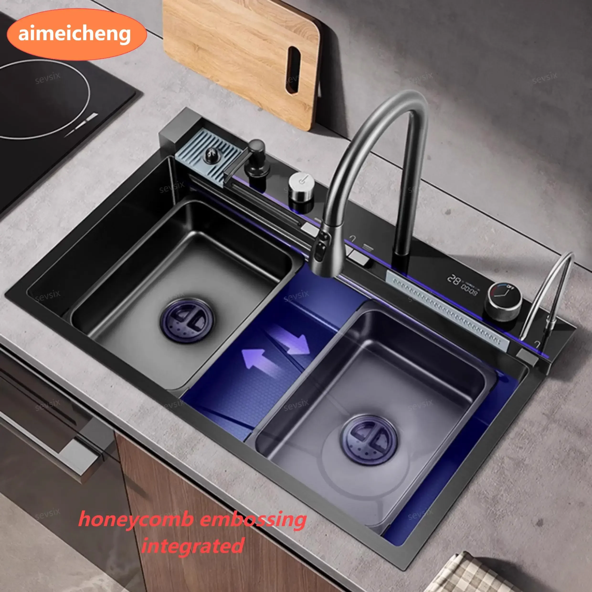 Honeycomb Embossed Stainless Steel Kitchen Sink Large Single Slot Digital Display Wash Basin Dishwashing pond