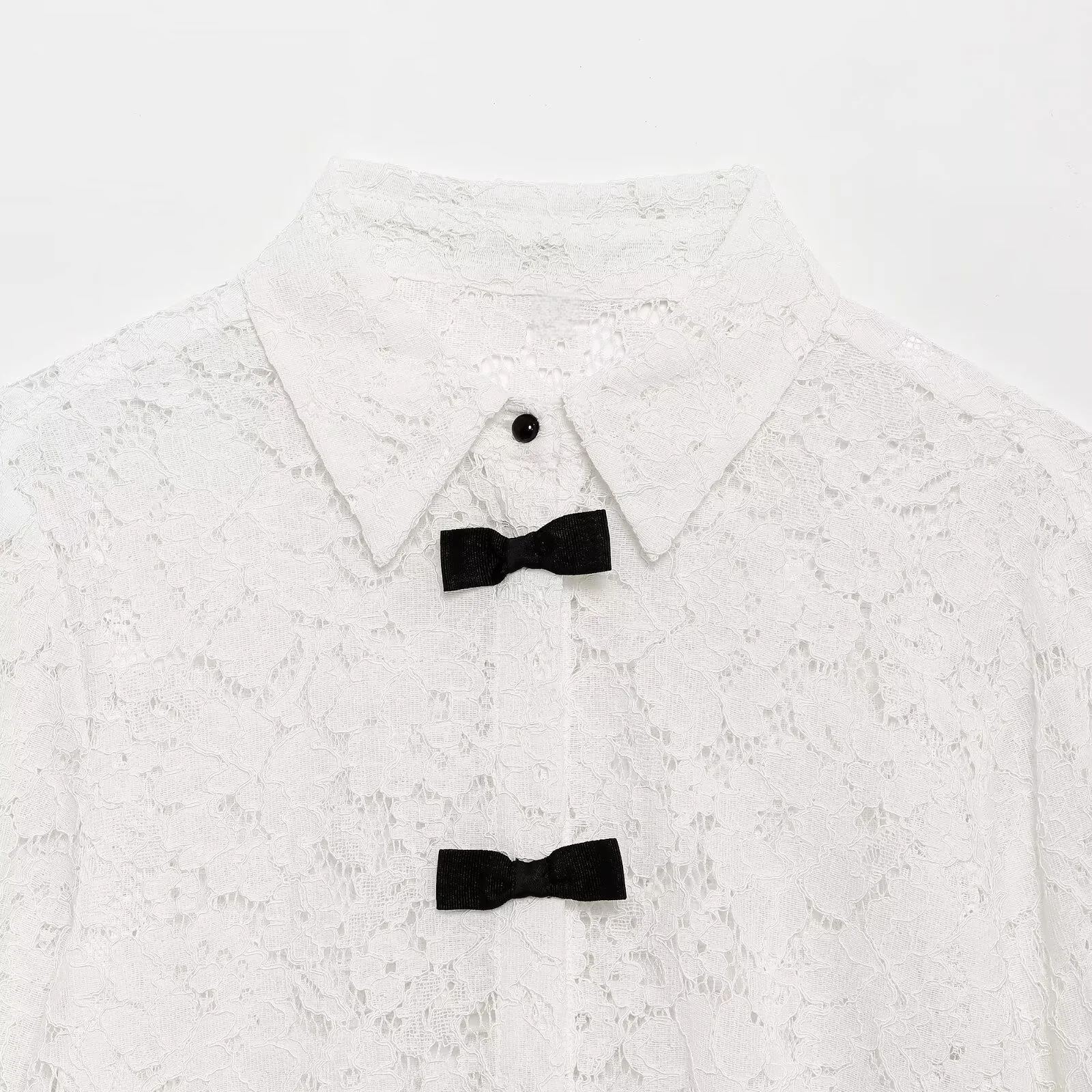 RARA Womens Long Sleeve Shirt Collared Neckline Lace Fabric Bowknot Buttons Front Design Loose Fit Casual Style