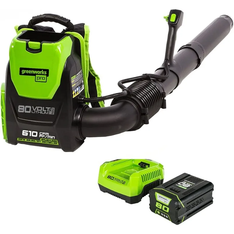 

Greenworks 80V (180 MPH/610 CFM/75+Compatible Tools) Cordless Brushless Backpack Blower,2.5Ah Battery and Rapid Charger Included