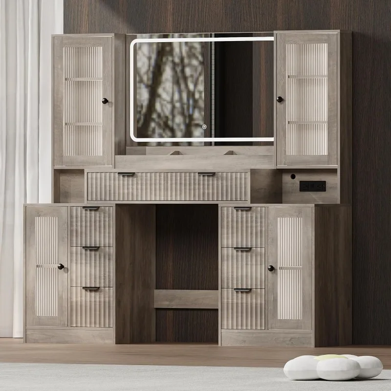 Fluted Makeup Vanity Desk with Mirror and Lights, Glass Top Vanity with Drawers & RGB Glass Cabinets, Adjustable Shelves & Power