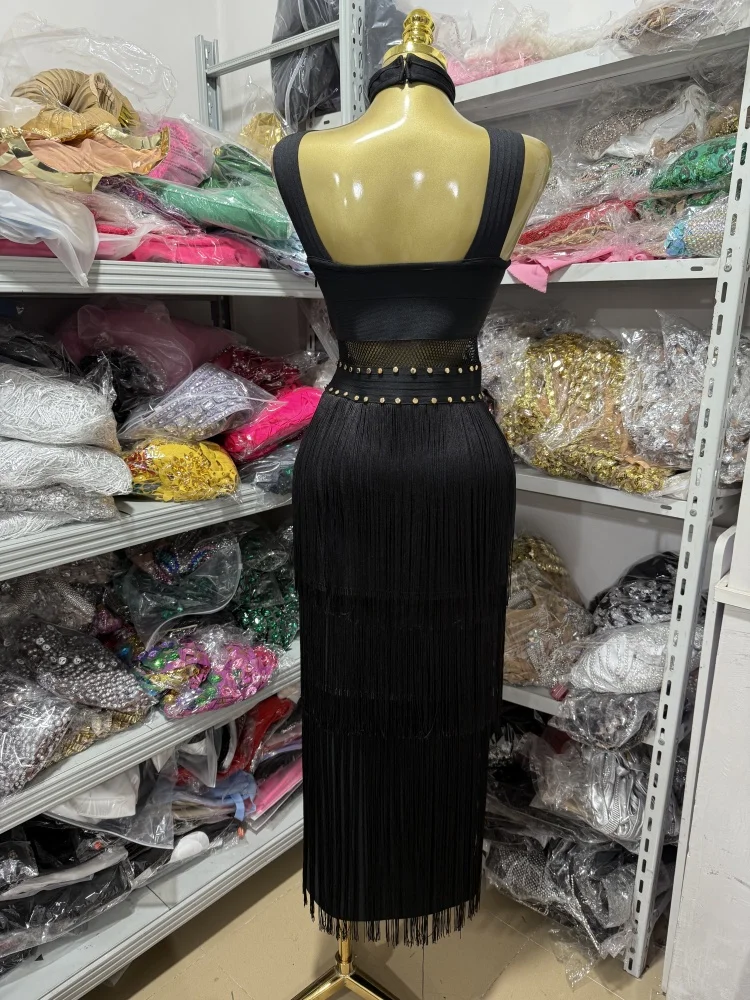 Black And White Round-Neck Off-The-Shoulder Lace Cutout Waist Long Dress With Tassel Decoration Tight Evening Party Outfit