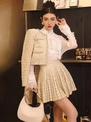 Small Fragrance Autumn Winter Beading Tweed Pearls Short Jacket Coat + Mini Pleated Skirt Suit Two Piece Sets Womens Outifits