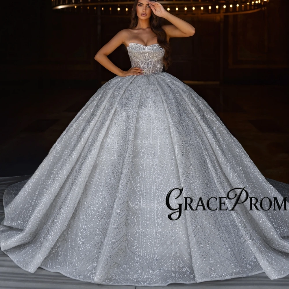 

Richly Strapless Crystals Wedding Dress Sequin Embellished Bridal Gown With Dramatic Train Princess Ballgown Bride Dresses 2026