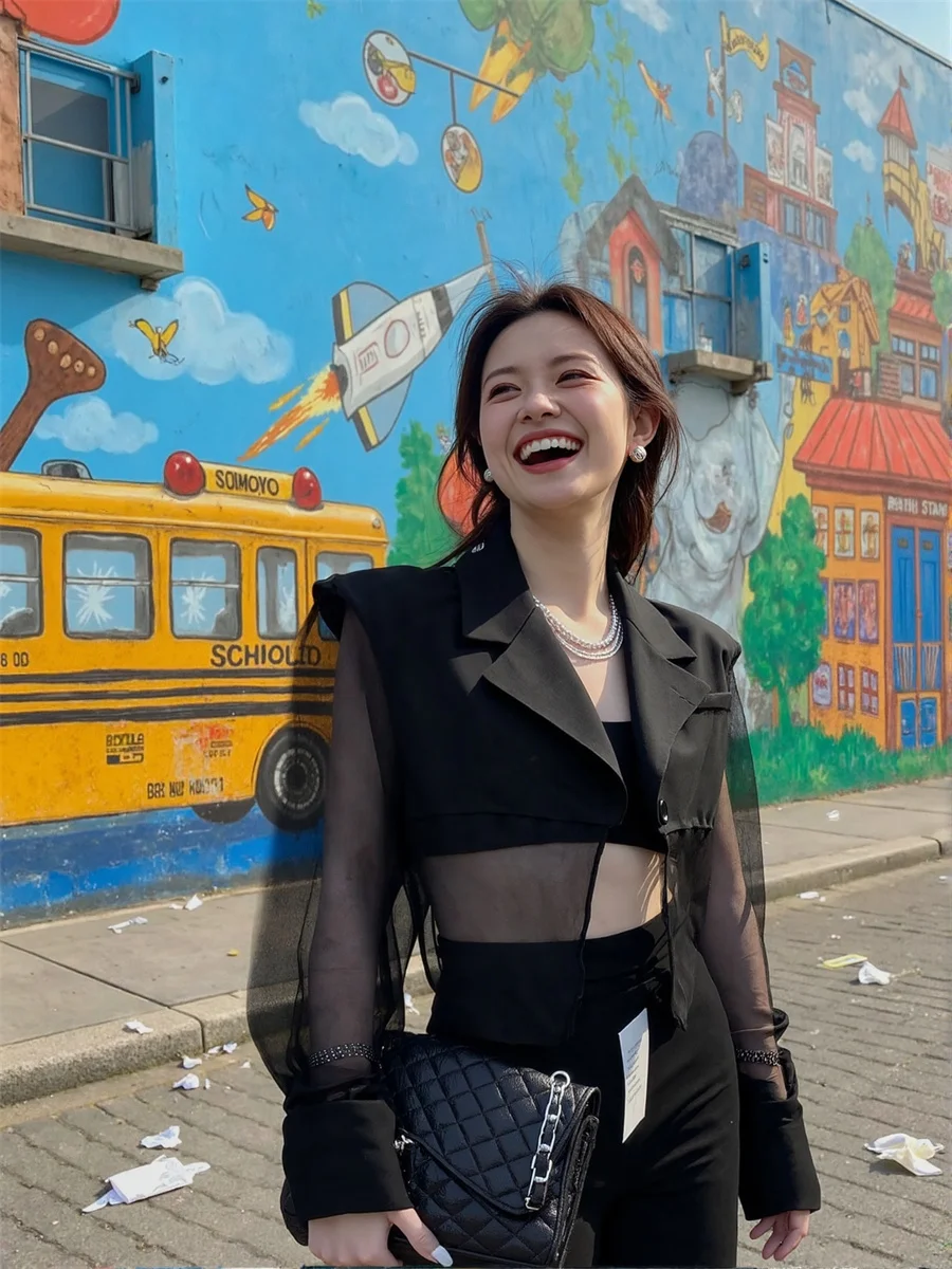 Sonnenschutz, abgeschnittene, durchsichtige Blazer mit Rückenschlitz, elegante Damenkleidung für Damen, Weben, kausal, bestickte Flares, Farbblock-Femme