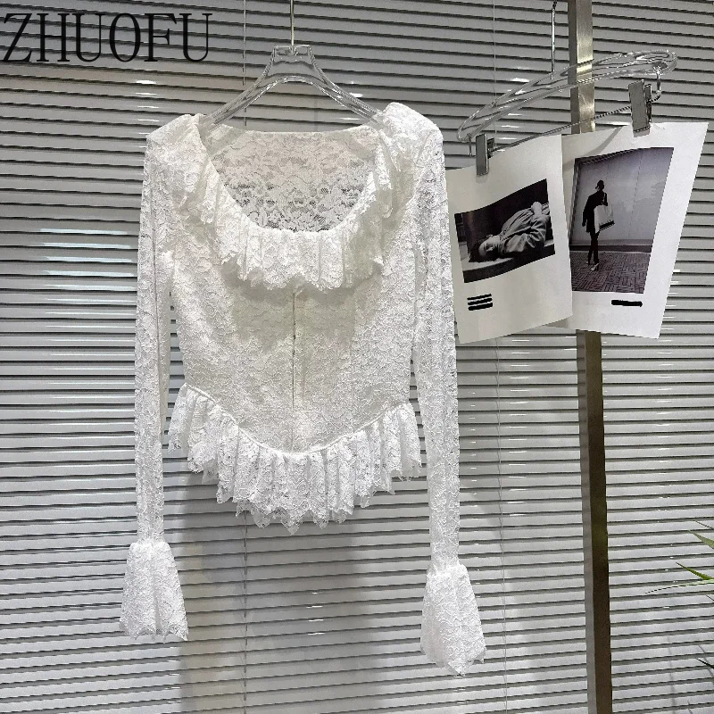 French Sweet Beautiful Women's Shirt Solid Color Lotus Leaf Collar Pleated Hem Horn Lace Hollow Out Long Sleeve Shirts Ladies