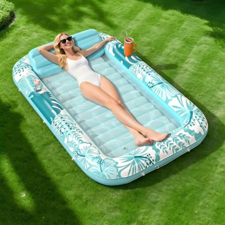 Inflatable Tanning Pool Lounger Float For Outdoor Sunbathing, Vinyl Material, Blue Color, Extra-Large 70 X 46 With Built-In Pil