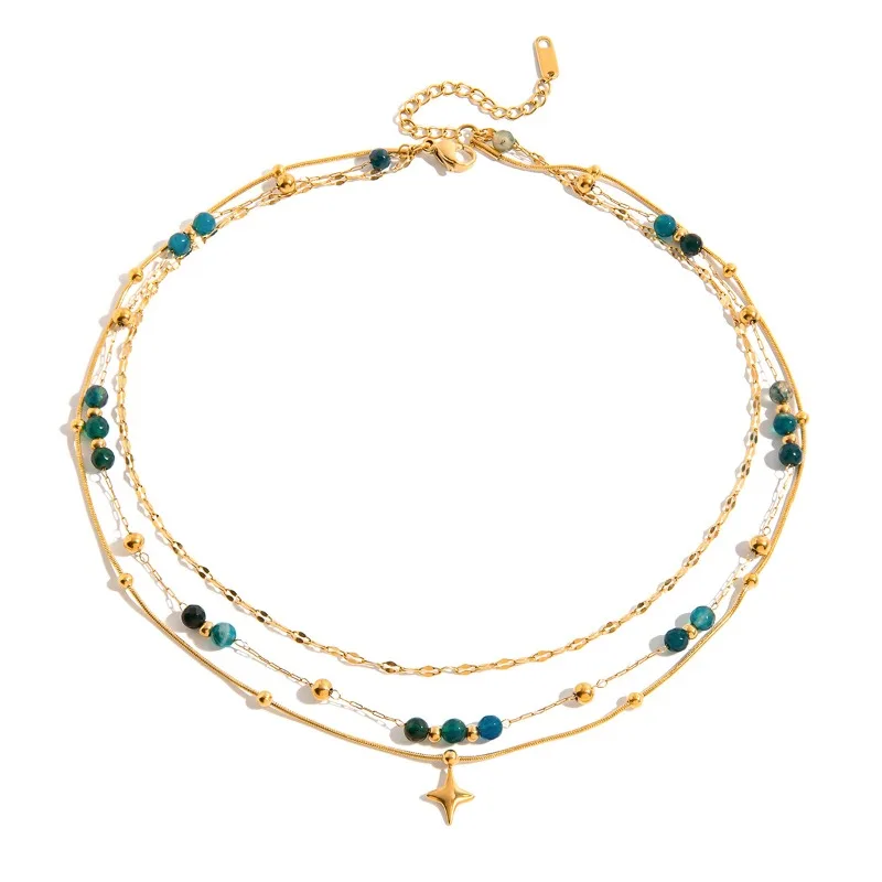 

Minar Vintage Green Natural Stone Beads Starburst Pendant Necklaces Women 18K Gold PVD Plated Titanium Steel Three Layers Choker