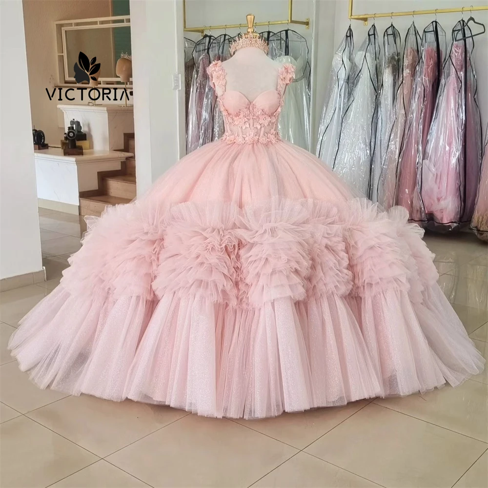 

Appealing Puffy Pink Tulle Ruched Train Lace Corset Quinceanera Dress Ball Gown 18th Birthday Debut vestido de charra 15 años