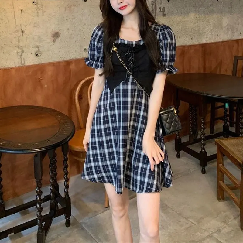 Fake Two Pieces Spliced Mini Dress Summer Hotsweet Plaid A-Line Women's Clothing Fashion Folds Drawstring Vintage Waist Dresses