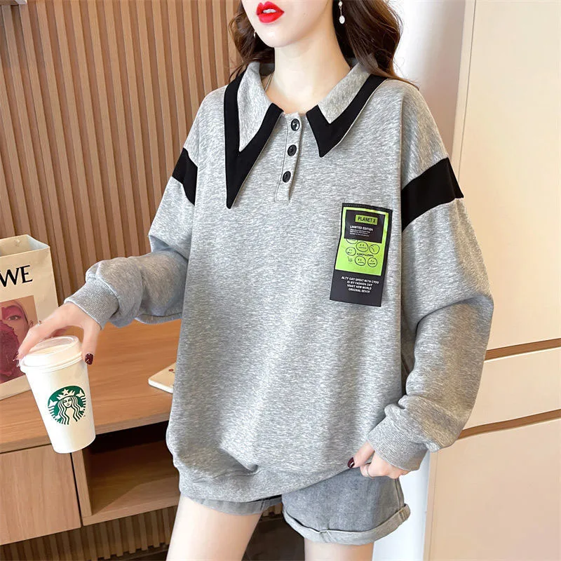 New Autumn, Spring, and Autumn Fashion Trend Patchwork Contrast Polo Collar Thin Loose Versatile Simple Female Student Sweater