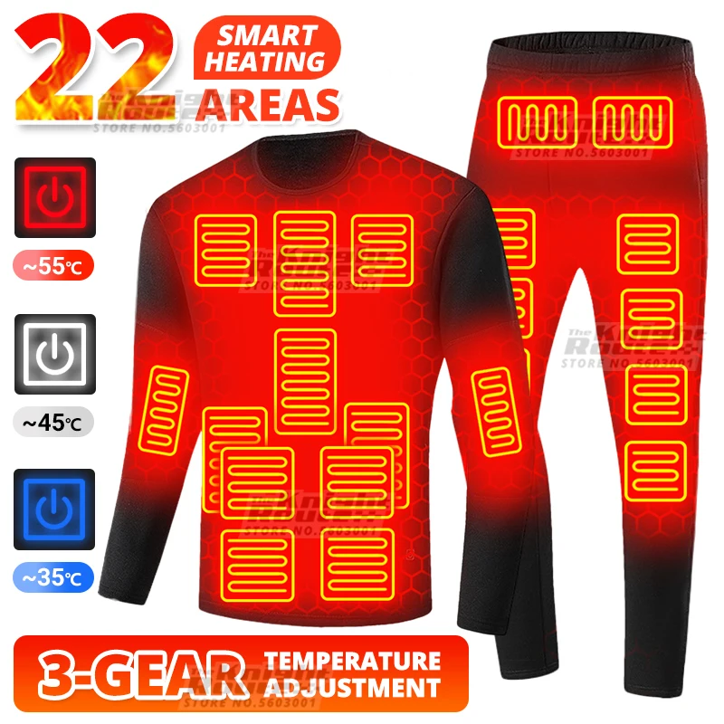 22 Areas Winter Thermal Heated Jacket Men Vest Heated Underwear Men\'s Ski Suit USB Electric Heating Thermal Long Johns Camping