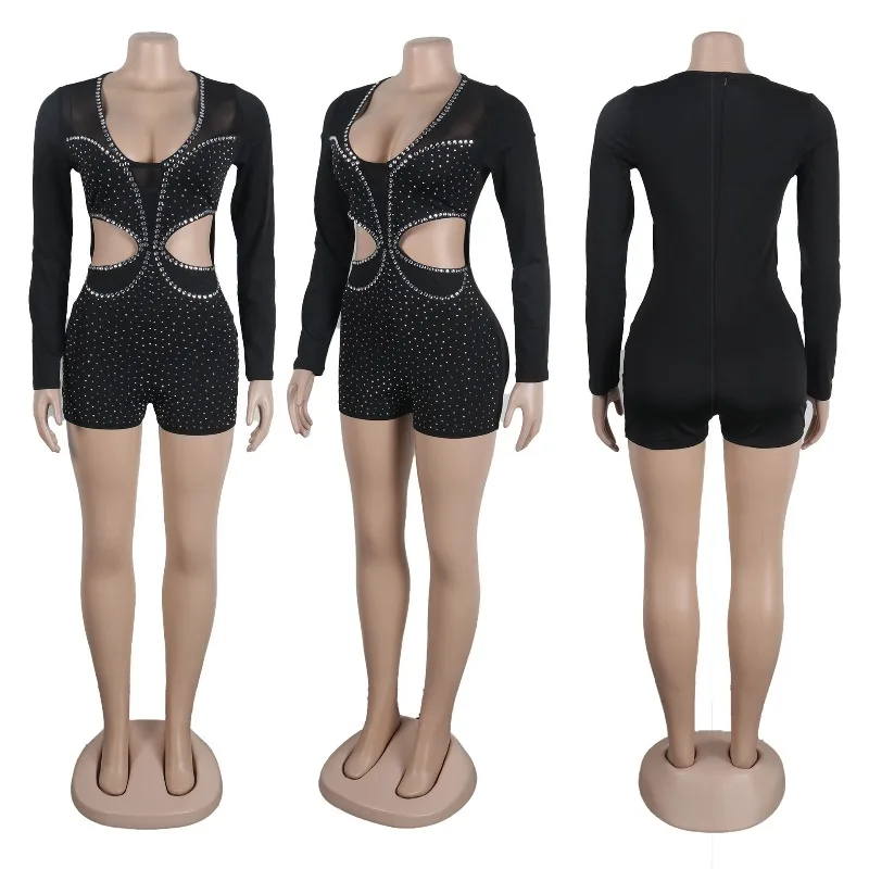 Tutina sexy con strass scavati, abiti da night club per le donne, pagliaccetti, pantaloncini aderenti per feste di compleanno a maniche lunghe in rete