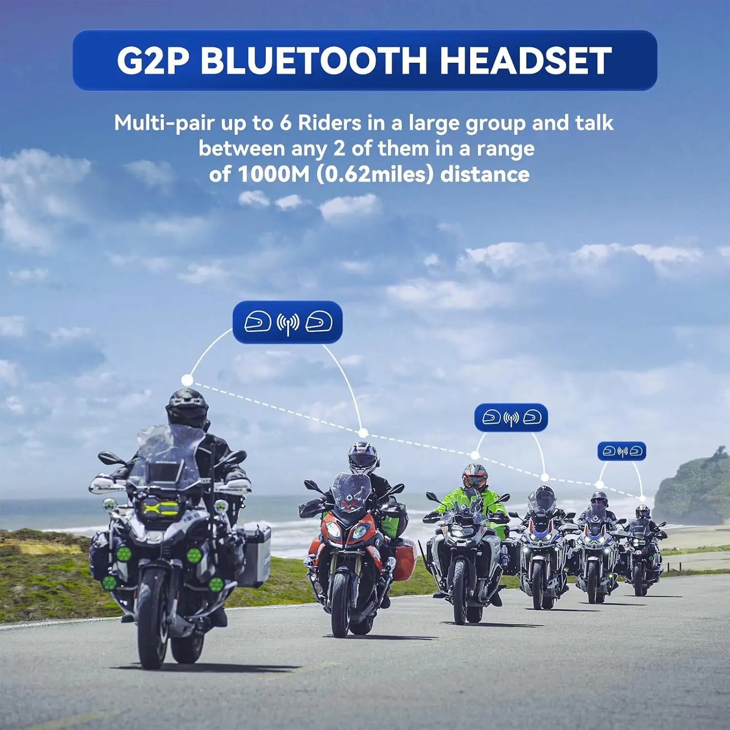 G2P Motorcycle Helmet Bluetooth Headset, Group Intercom Communication Systems, FM Radio/ 6 Shells/Universal Pairing/Private Talk