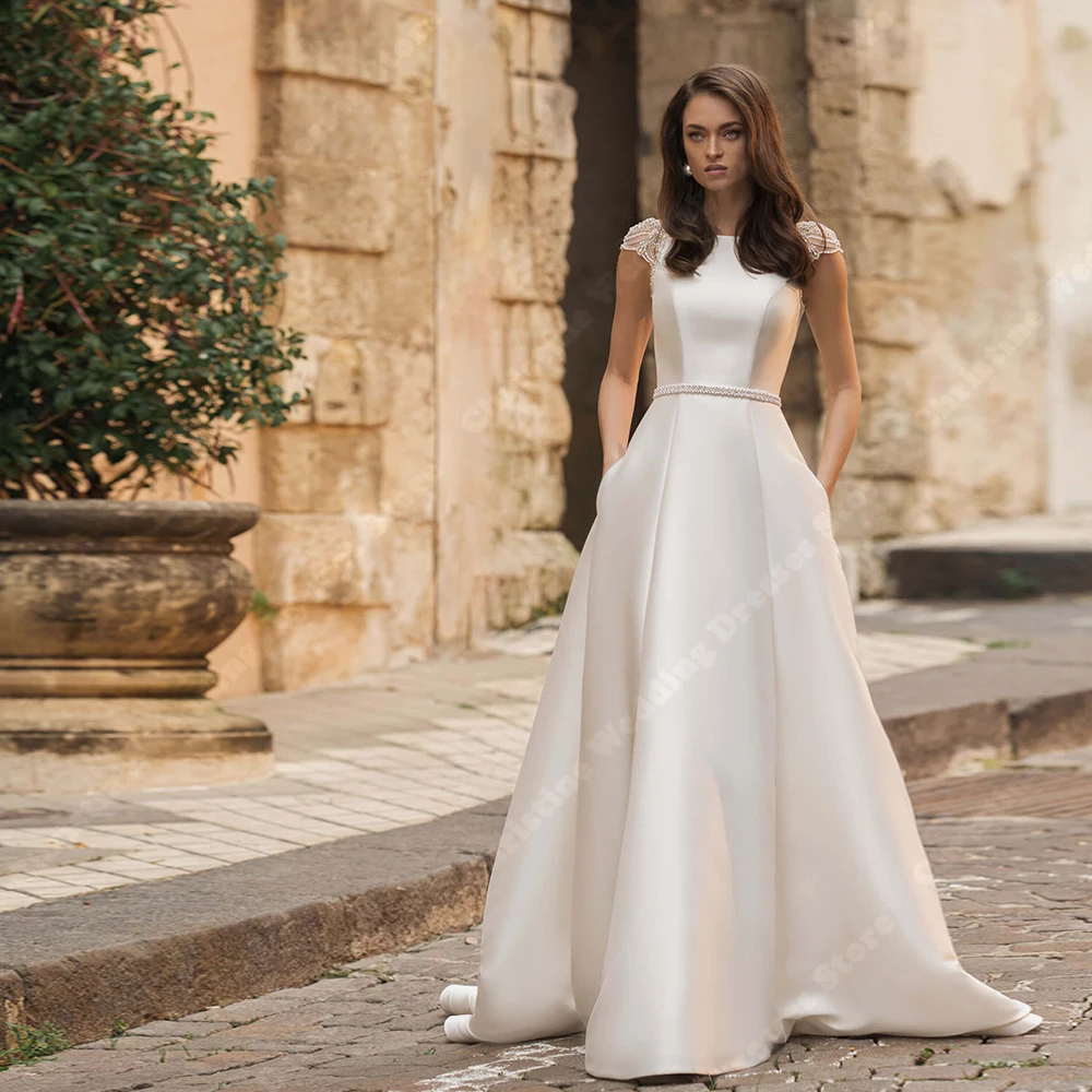 

Round-Neck Satin Women Wedding Dresses Sexy A-Line Short Sleeves Bridal Gowns Mopping Length Party Vestidos De Novias Customized