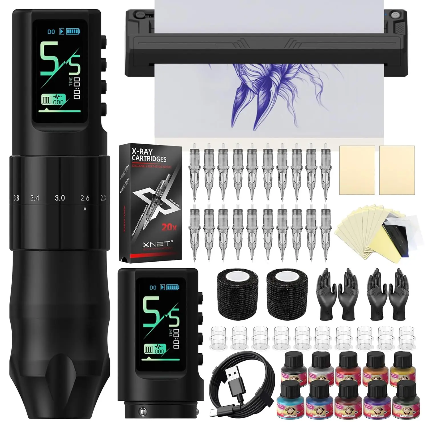 

Wireless Tattoo Stencil Printer Kit - Adjustable Stroke Tattoo Machine, 1600mAh Battery, 20Pcs Needles, Tattoo Supplies for Beginners
