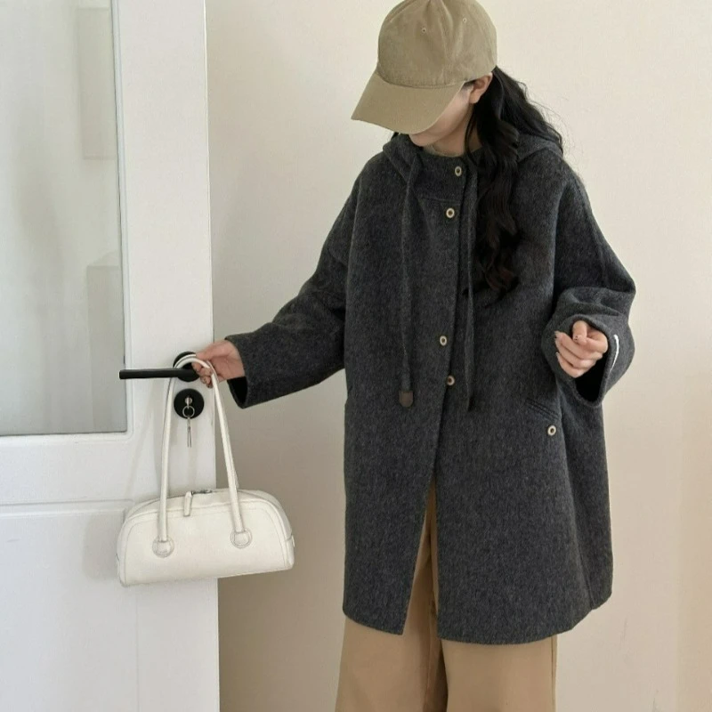 Double-sided Wool Coat Women Mid-length Korean-style Loose Hooded Casual Double-sided Tweed Thickened Wool Coat Autumn Winter