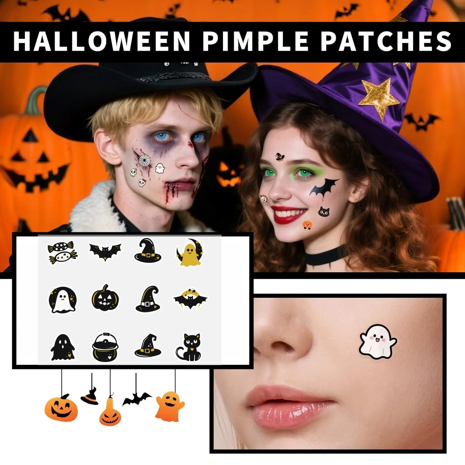 600 قطعة مجموعة صناديق الهالوين الرمادية جو احتفالي حب الشباب تغطي بقع هالوين اليقطين عنصر حب الشباب التطهير بقع نظيفة