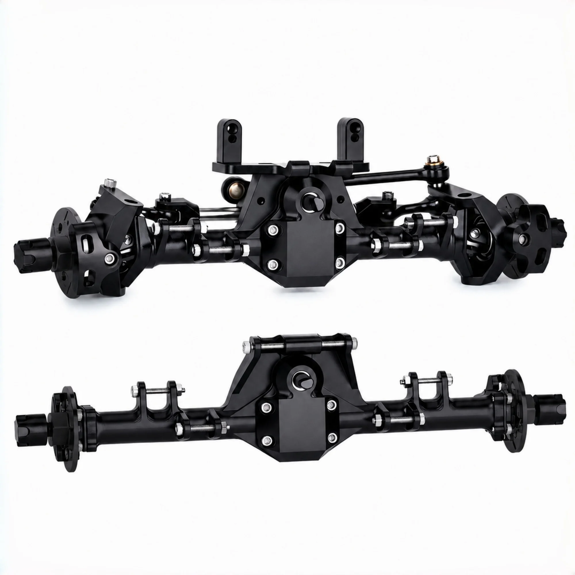 SCX24 CNC Aluminum Axles, +18mm Wide Front Rear Axle Set, Hydraulic Steering Link, Adjustable Servo Mount, 2/16T Worm Gears