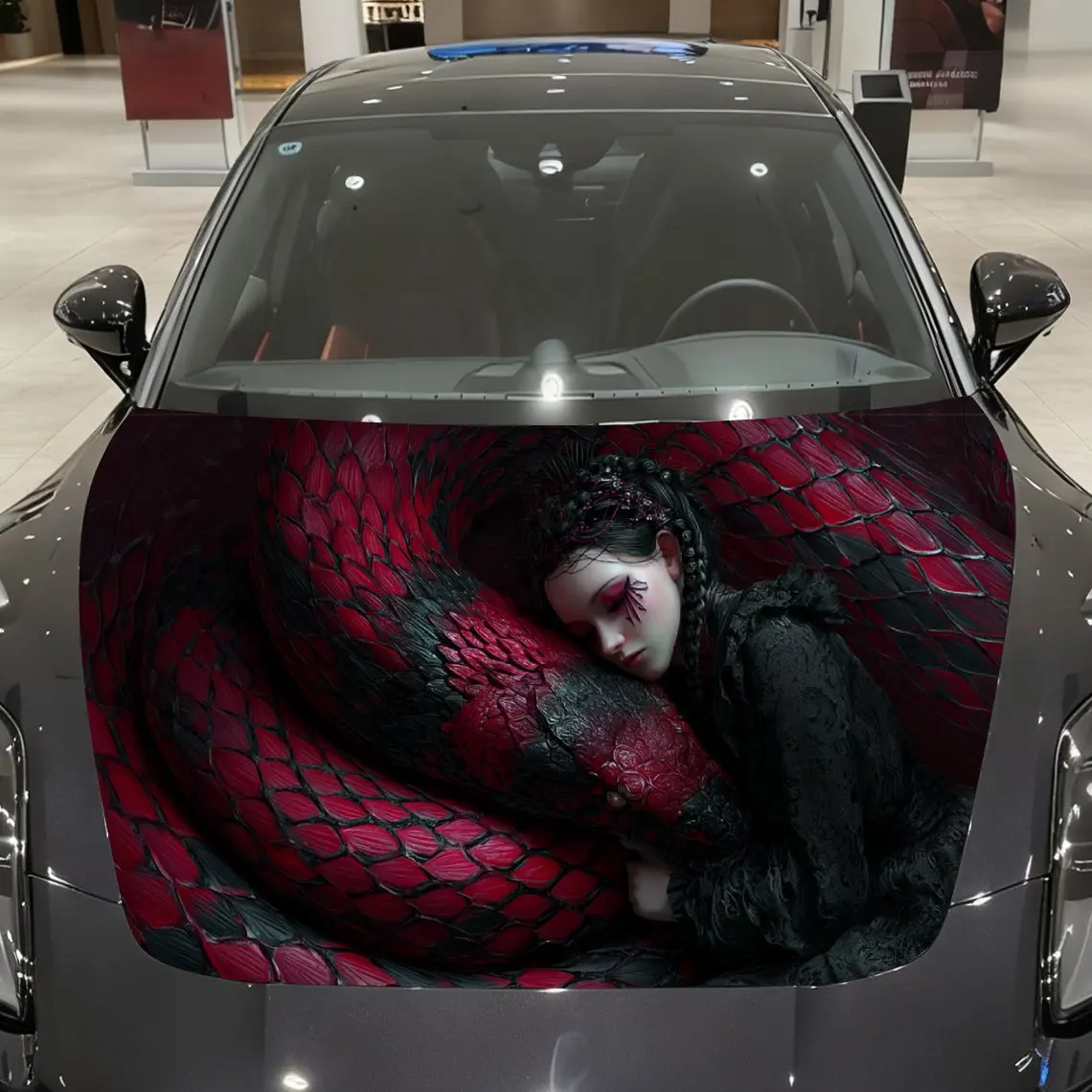 Snake-Wrapped Gothic Girl Car Vinyl Wrap, PVC Material Waterproof Car Hood Sticker, Self-Adhesive Scratch-Resistant Stickers for