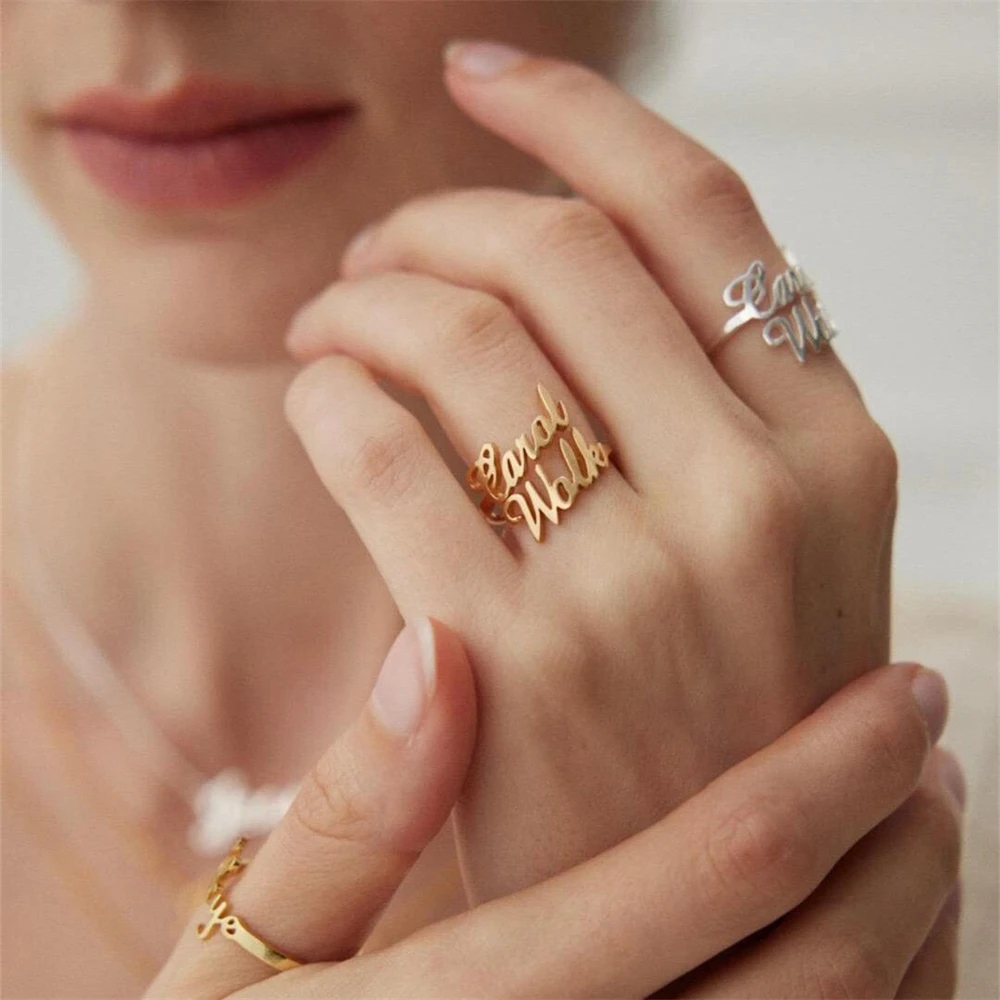 Best Friend Double Name Ring Custom Couple Jewelry Personalized Two Names Rings Women Adjustable Family Multiple Name Aros Mujer