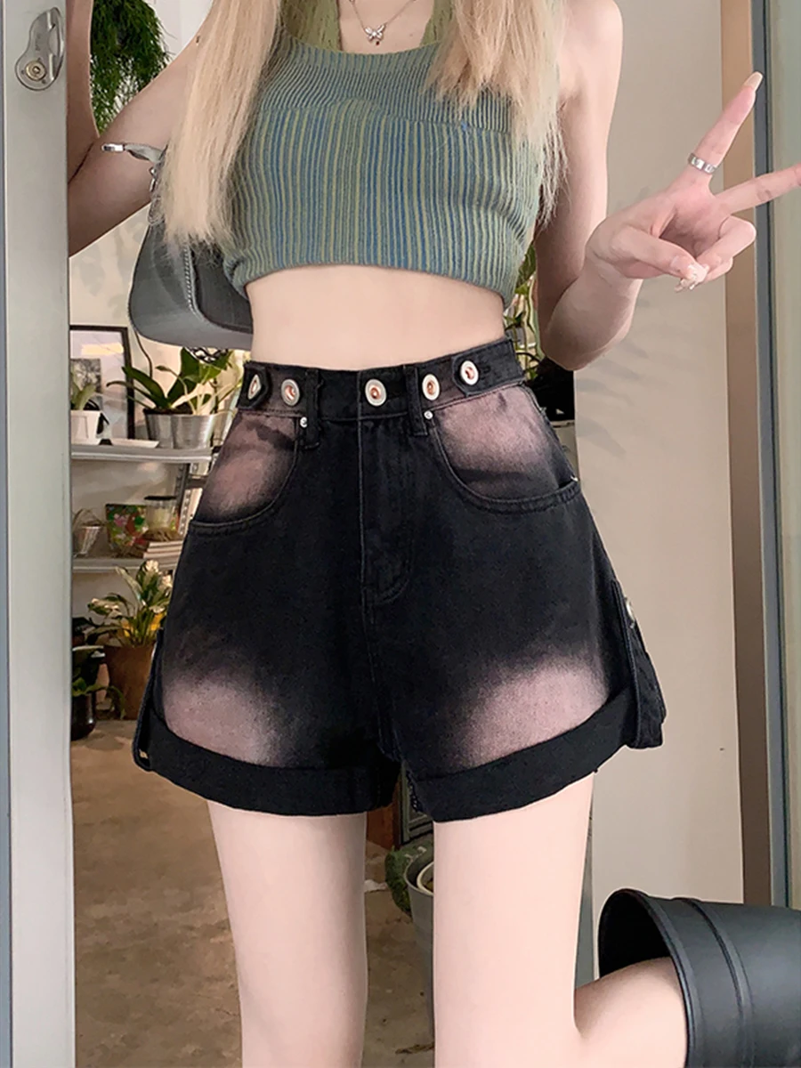 Large Size High Waist Denim Shorts 2024 New Summer Ladies Chic Popular Powder Blusher Straight Wide Leg Spice Girls Hot Pants