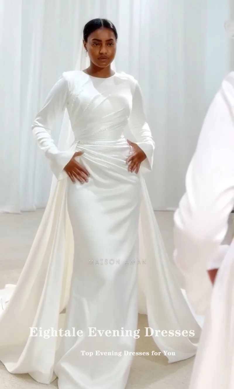 Eightale 아랍어 웨딩 드레스 페르시 진주 오-넥 맞춤형 새틴 화이트 아이보리 긴 소매 이슬람 신부 가운 Robe De Mariée
