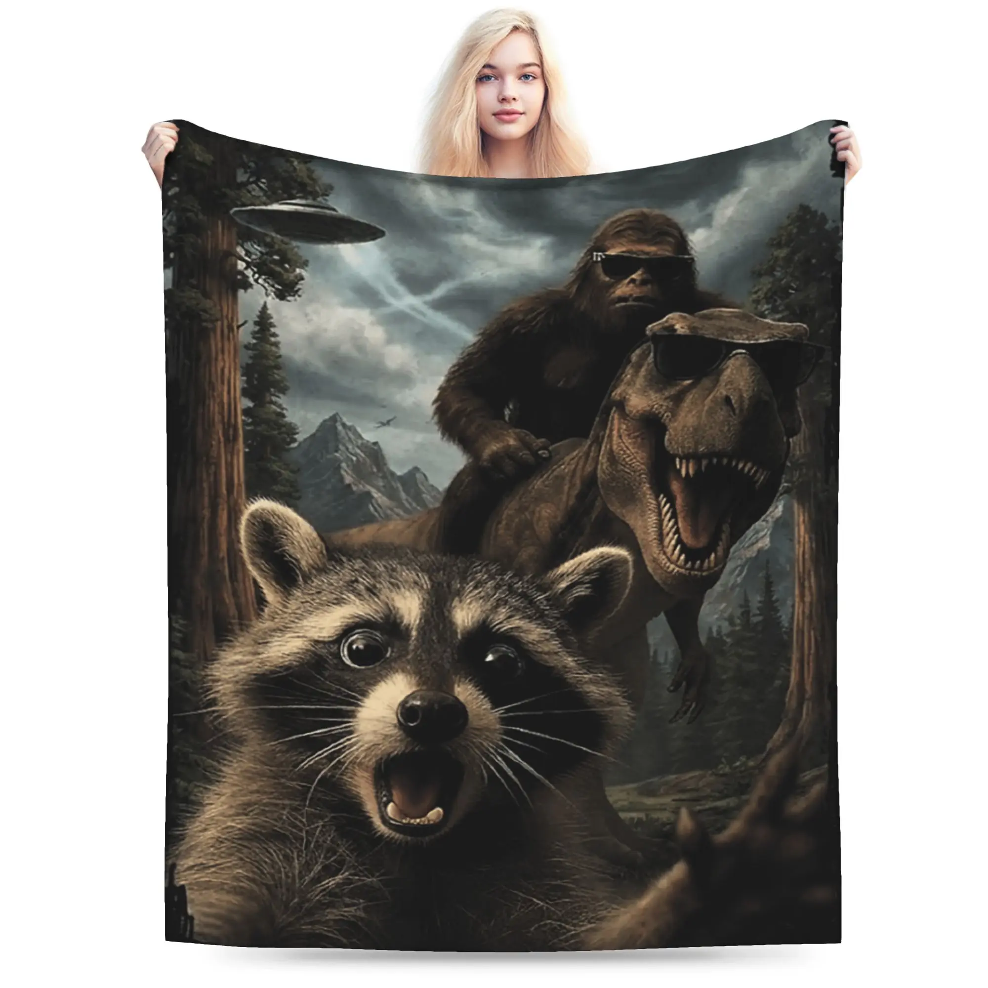 Super Soft Funny Bigfoot Ride Dinosaur Raccoon Throw Blanket Premium Fleece Flannel Lightweight Bed Blanket Cozy Plush Bedspread